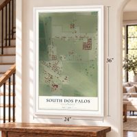 South Dos Palos, California map, 24 x 36 inch print in a white frame by a staircase