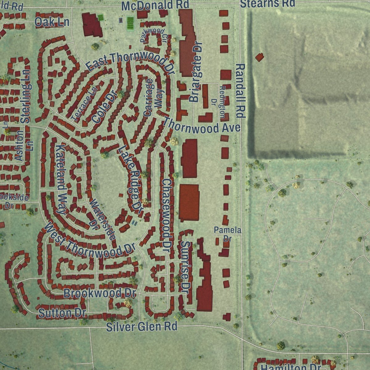 Second close-up of the map of South Elgin, Illinois print showing more streets and buildings