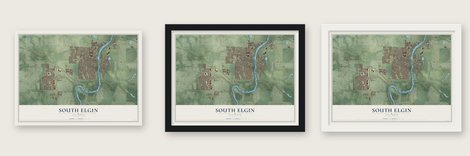 South Elgin, Illinois map unframed, in a black wood frame and in a white wood frame