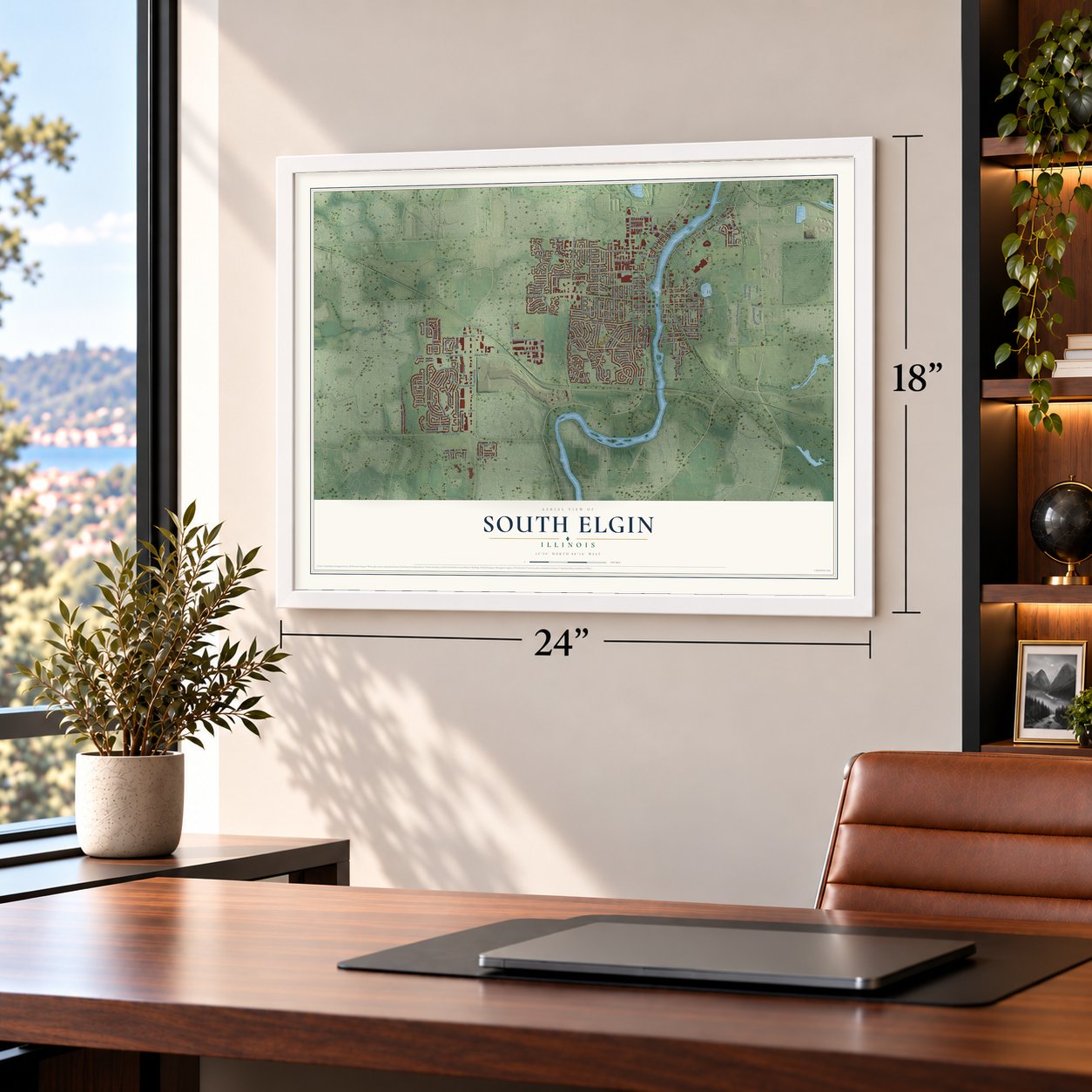 South Elgin, Illinois map, 18 x 24 inch print in a white frame in a home office