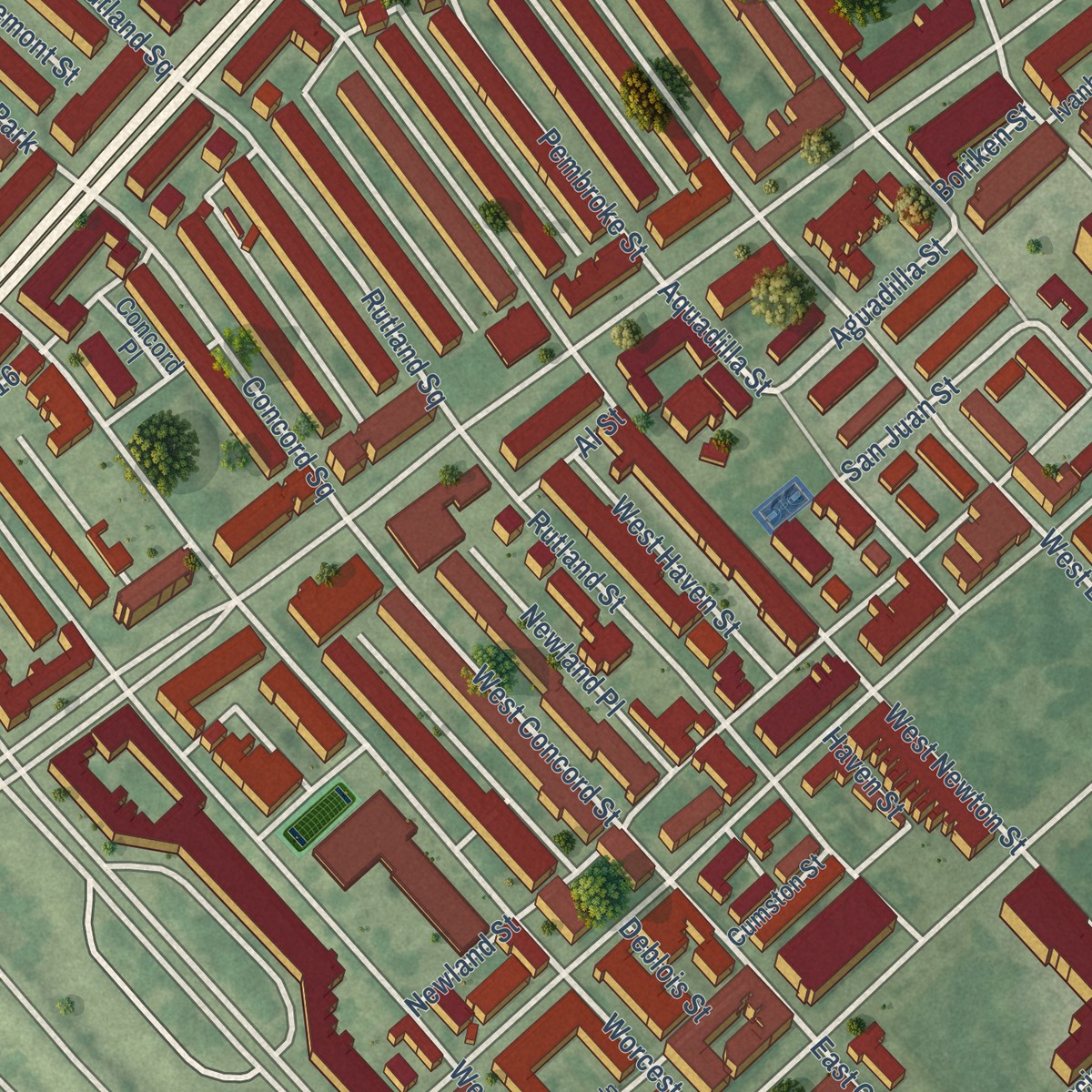 Second close-up of the map of South End, Massachusetts print showing more streets and buildings