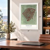 South End, Massachusetts map, 18 x 24 inch print in a white frame in a home office