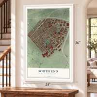 South End, Massachusetts map, 24 x 36 inch print in a white frame by a staircase