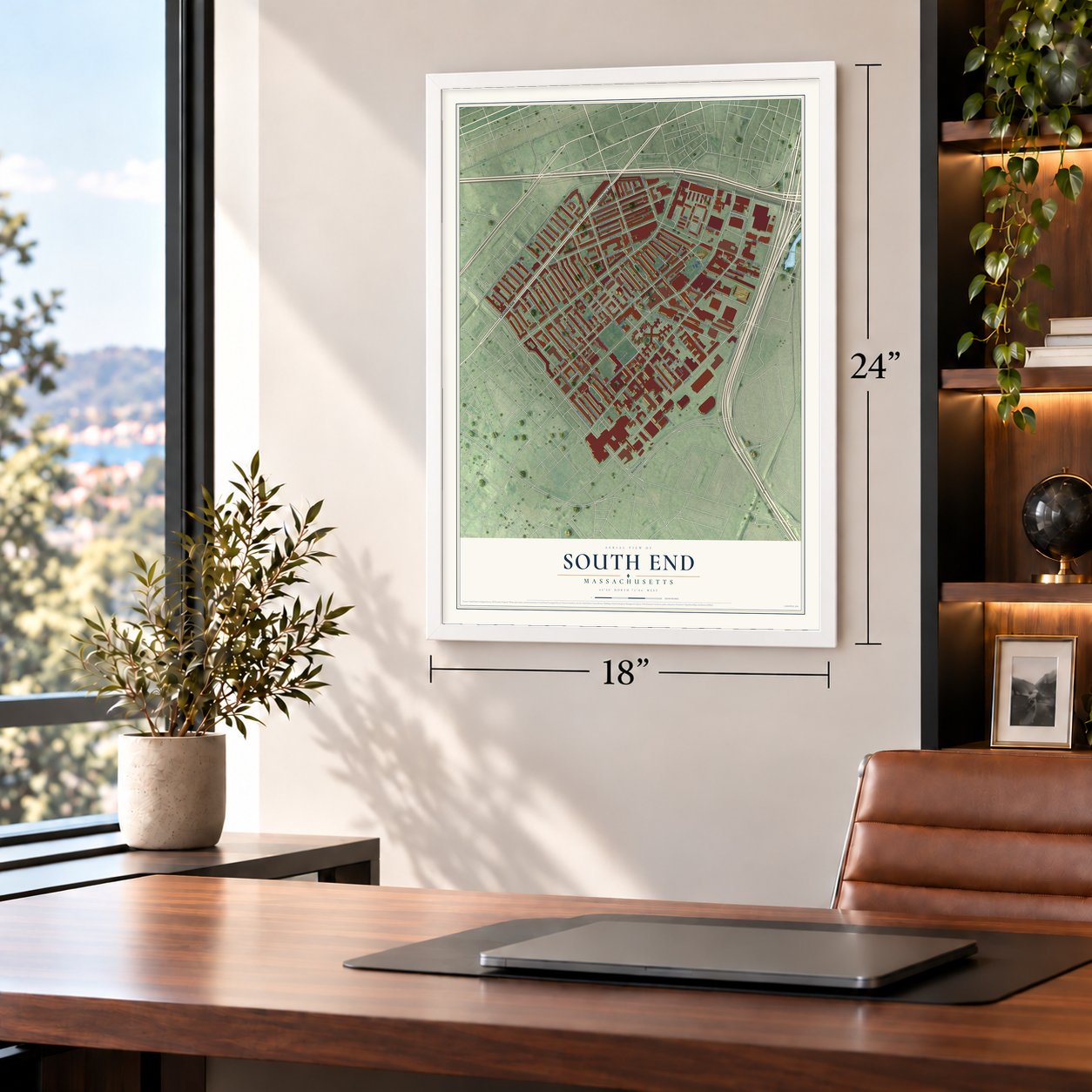 South End, Massachusetts map, 18 x 24 inch print in a white frame in a home office