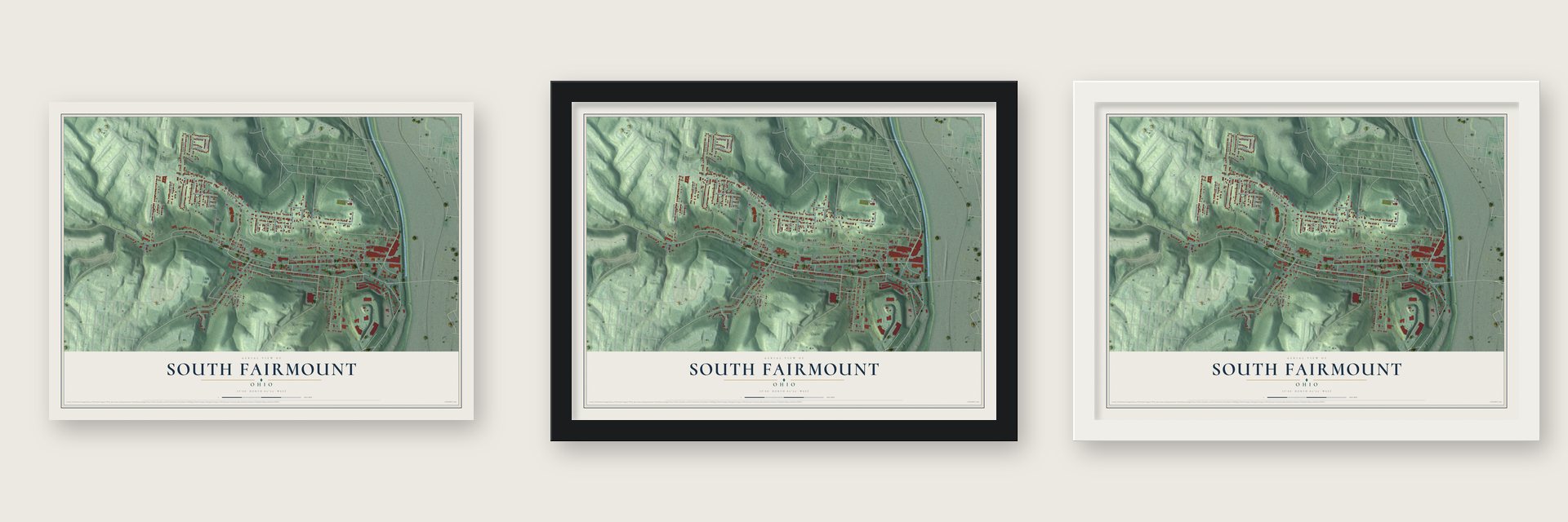 South Fairmount, Ohio map unframed, in a black wood frame and in a white wood frame