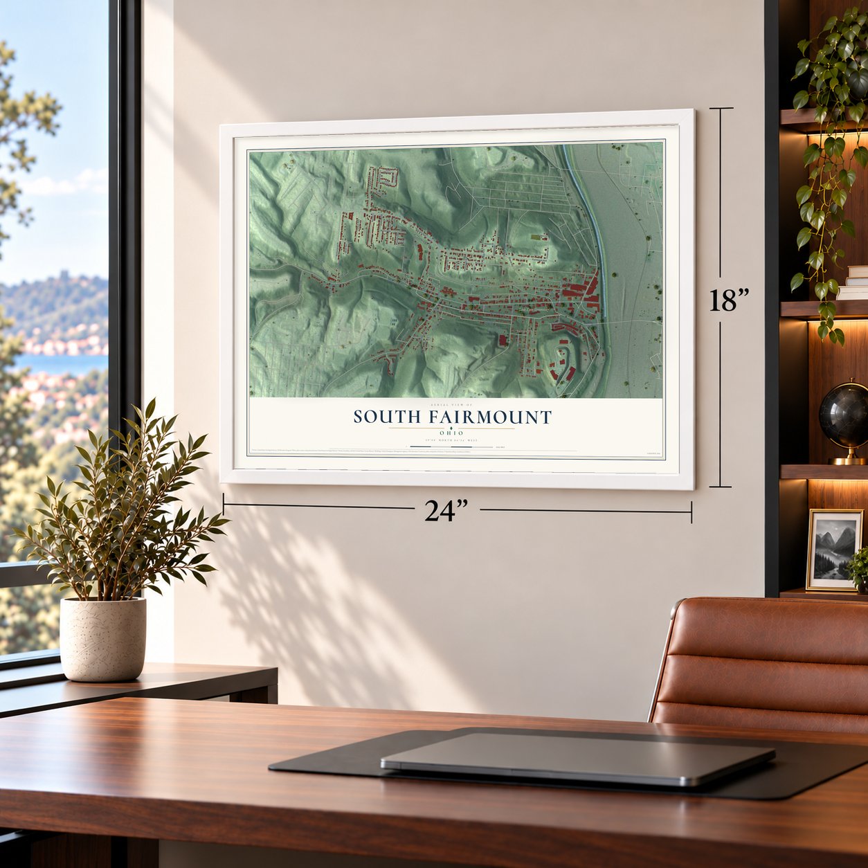 South Fairmount, Ohio map, 18 x 24 inch print in a white frame in a home office