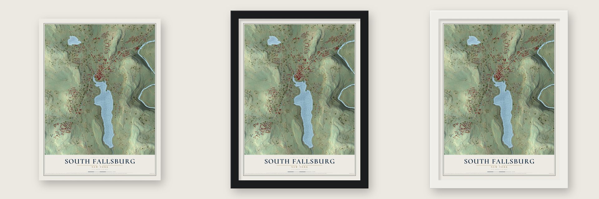 South Fallsburg, New York map unframed, in a black wood frame and in a white wood frame