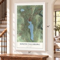 South Fallsburg, New York map, 24 x 36 inch print in a white frame by a staircase