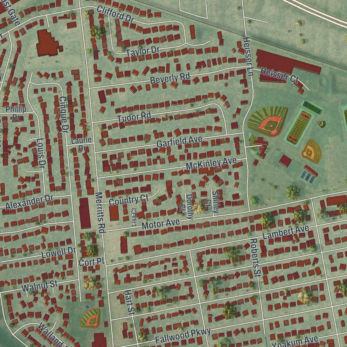 Second close-up of the map of South Farmingdale, New York print showing more streets and buildings