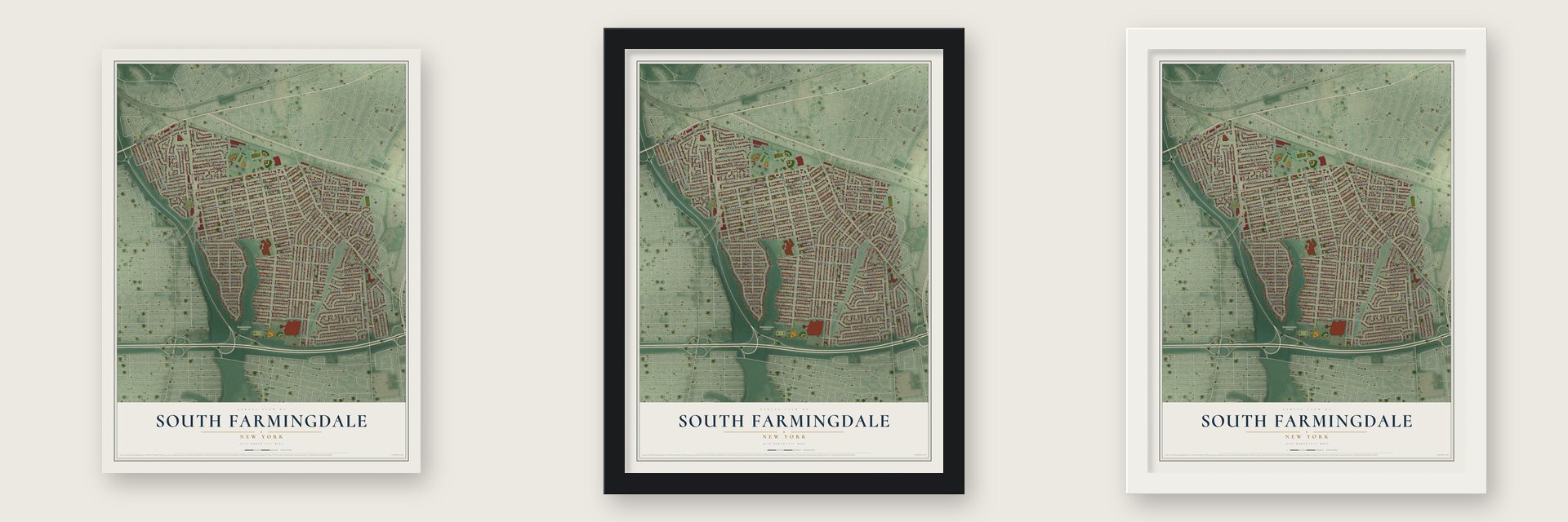 South Farmingdale, New York map unframed, in a black wood frame and in a white wood frame