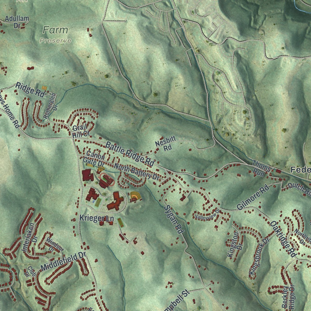 Second close-up of the map of South Fayette, Pennsylvania print showing more streets and buildings