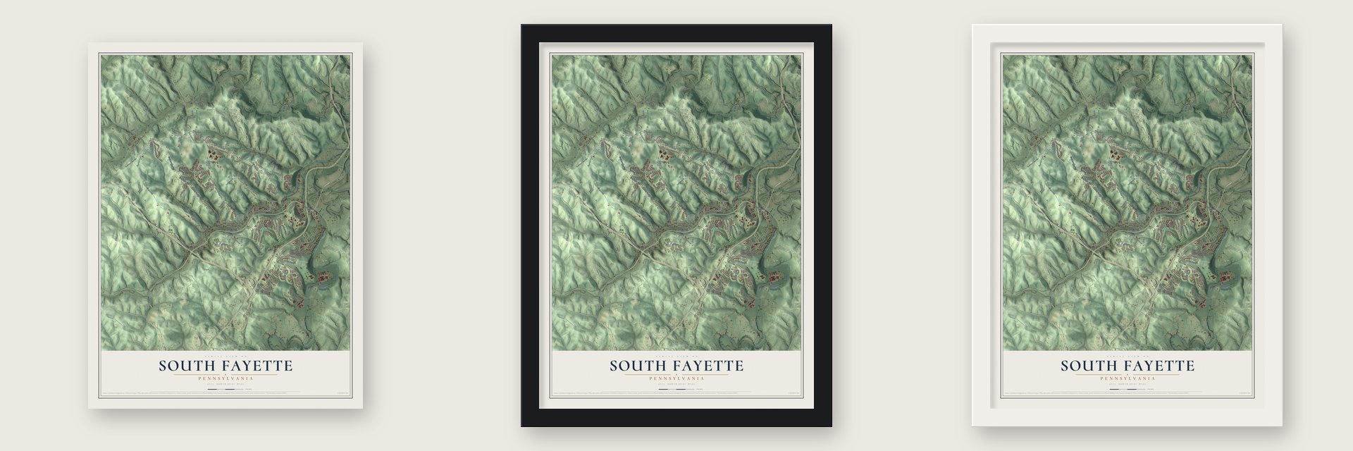 South Fayette, Pennsylvania map unframed, in a black wood frame and in a white wood frame