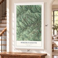South Fayette, Pennsylvania map, 24 x 36 inch print in a white frame by a staircase