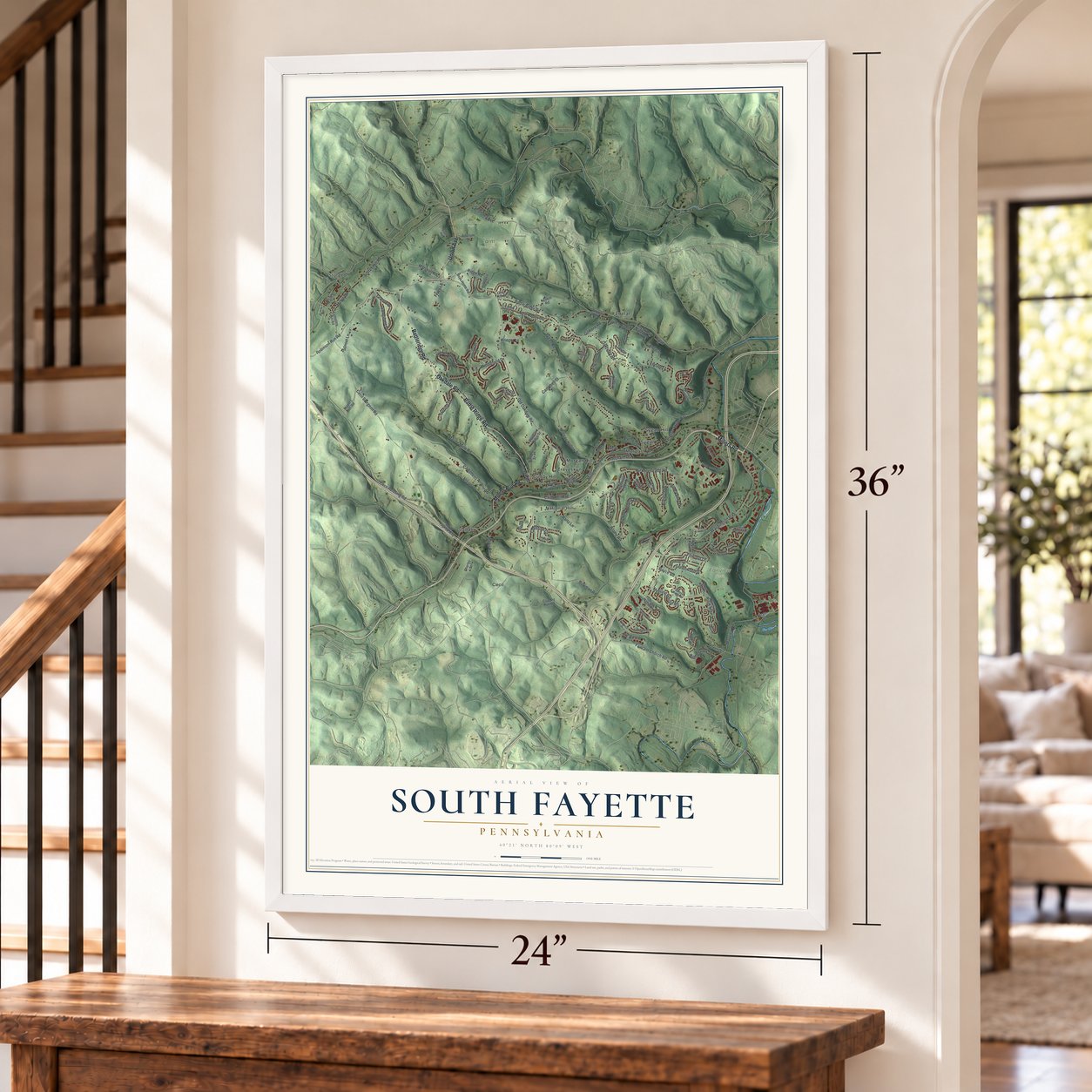 South Fayette, Pennsylvania map, 24 x 36 inch print in a white frame by a staircase