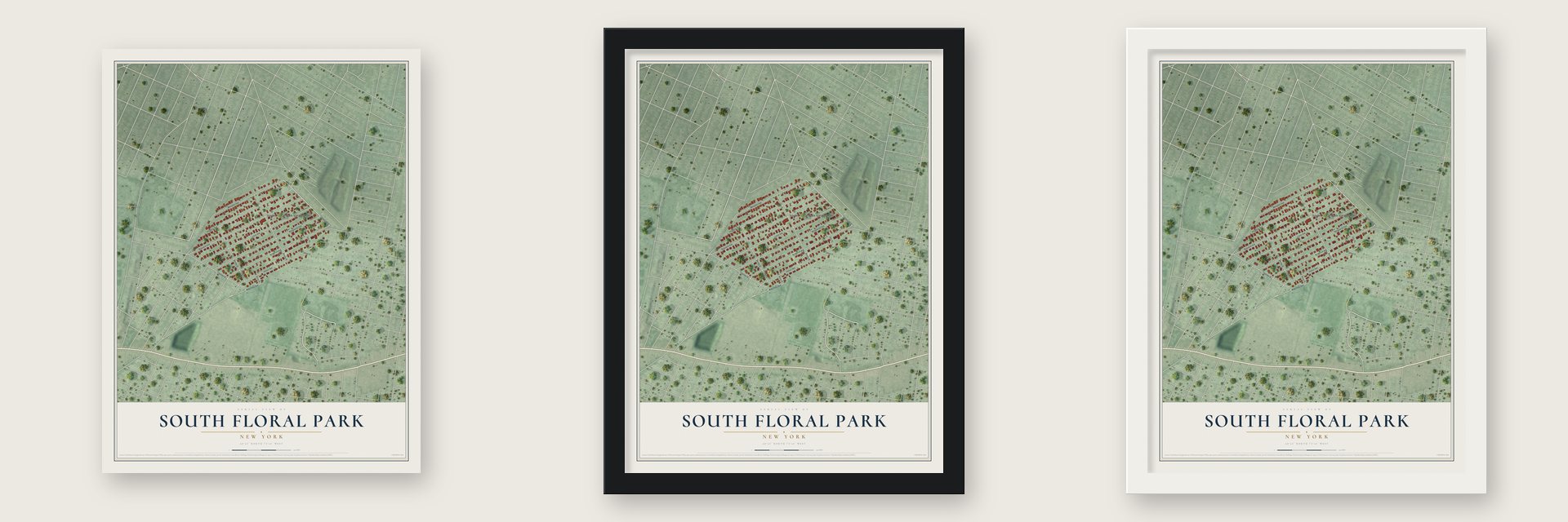 South Floral Park, New York map unframed, in a black wood frame and in a white wood frame