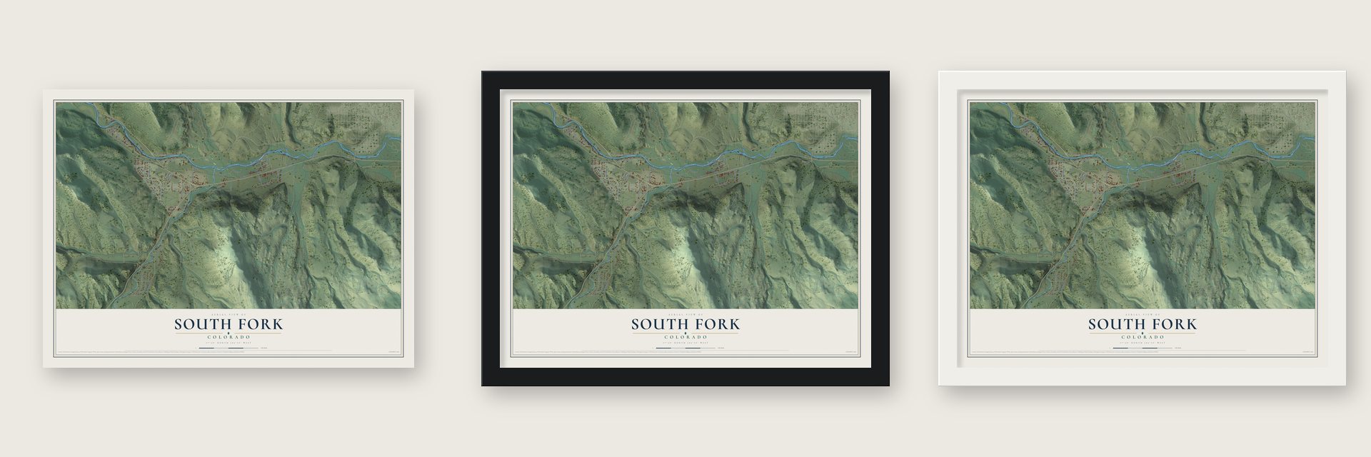 South Fork, Colorado map unframed, in a black wood frame and in a white wood frame