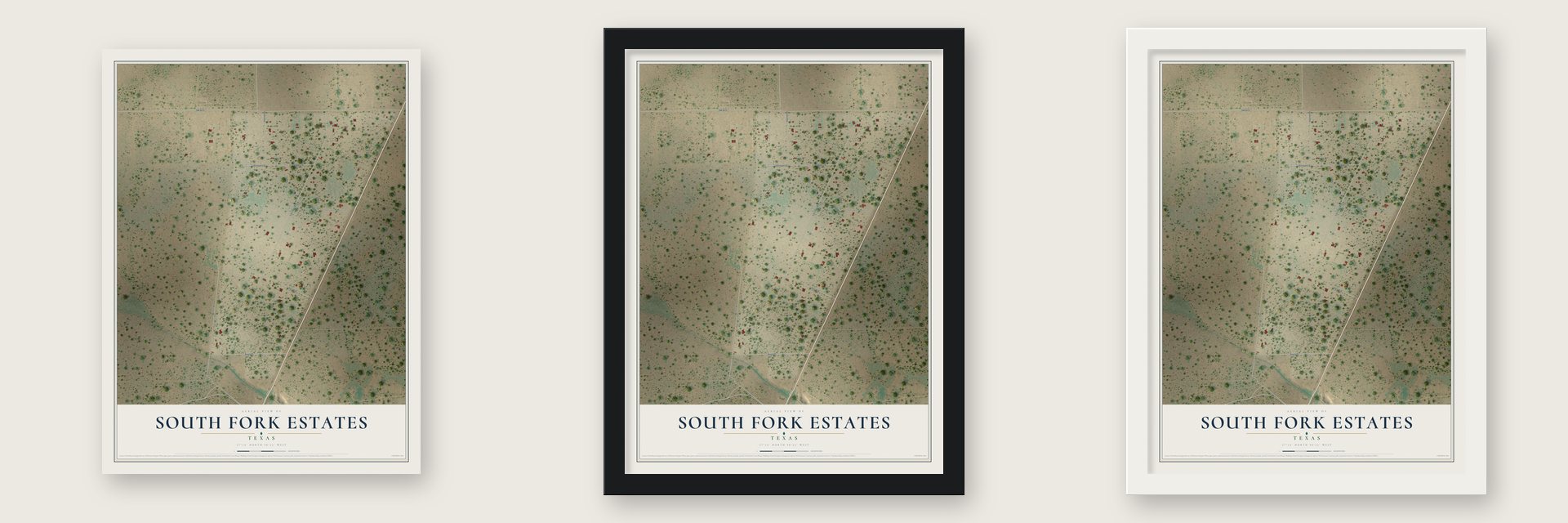 South Fork Estates, Texas map unframed, in a black wood frame and in a white wood frame