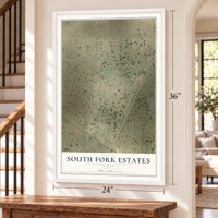 South Fork Estates, Texas map, 24 x 36 inch print in a white frame by a staircase