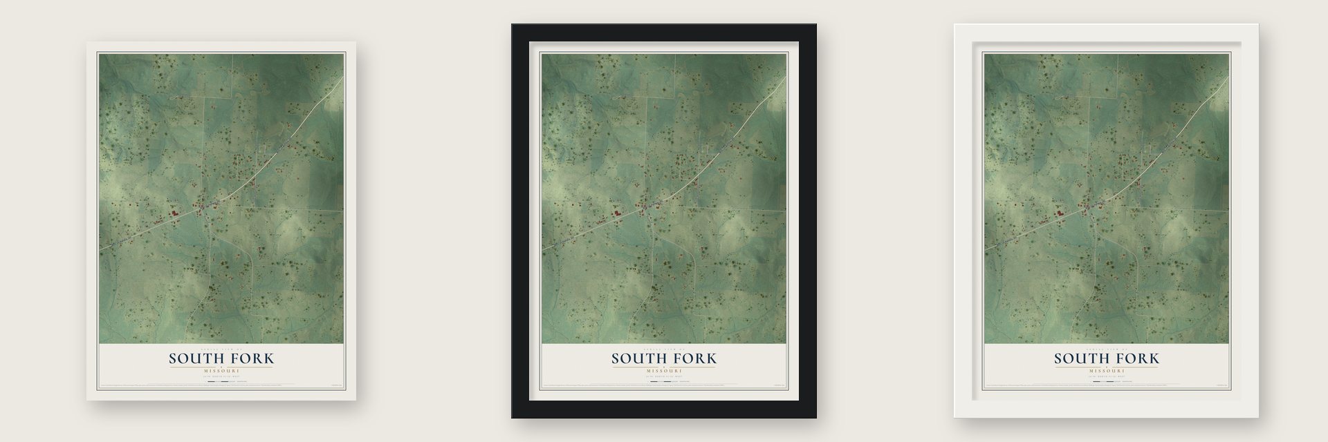 South Fork, Missouri map unframed, in a black wood frame and in a white wood frame