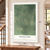 South Fork, Missouri map, 24 x 36 inch print in a white frame by a staircase