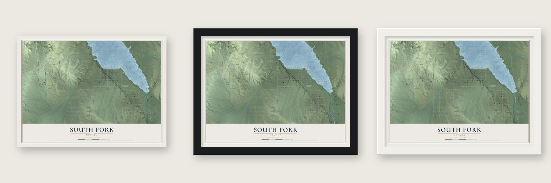 South Fork, Nevada map unframed, in a black wood frame and in a white wood frame