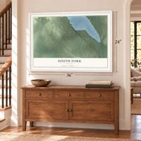 South Fork, Nevada map, 24 x 36 inch print in a white frame above a dresser by a staircase