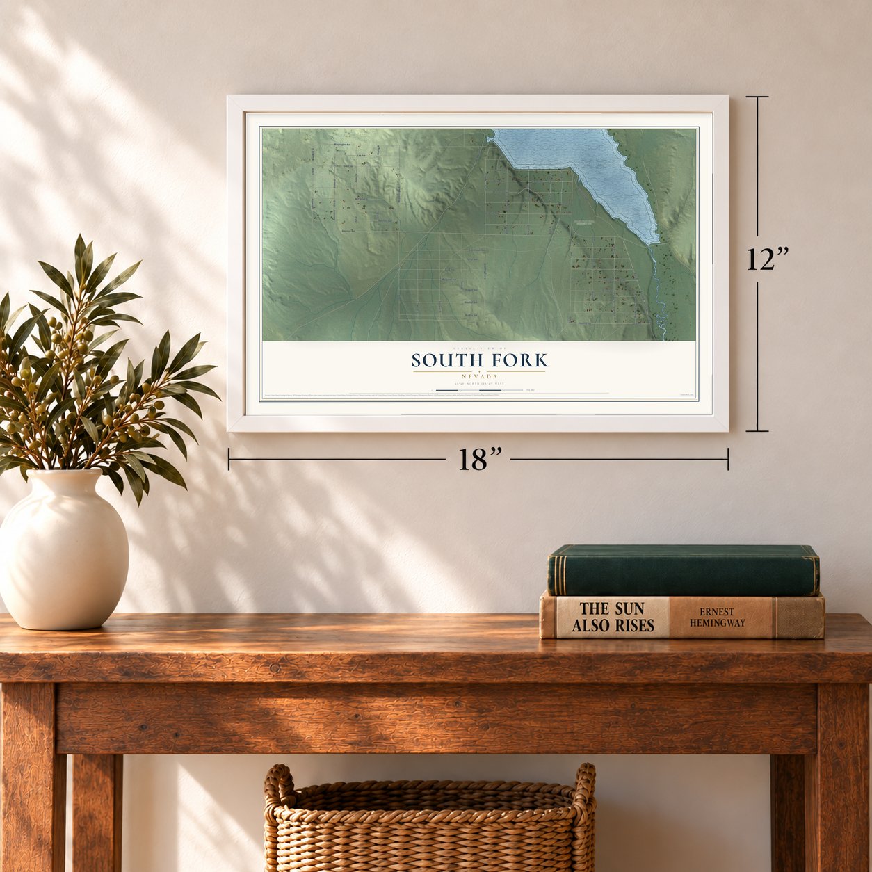 South Fork, Nevada map, 12 x 18 inch print in a white frame in an entryway