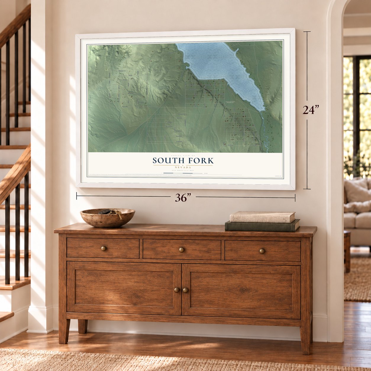 South Fork, Nevada map, 24 x 36 inch print in a white frame above a dresser by a staircase