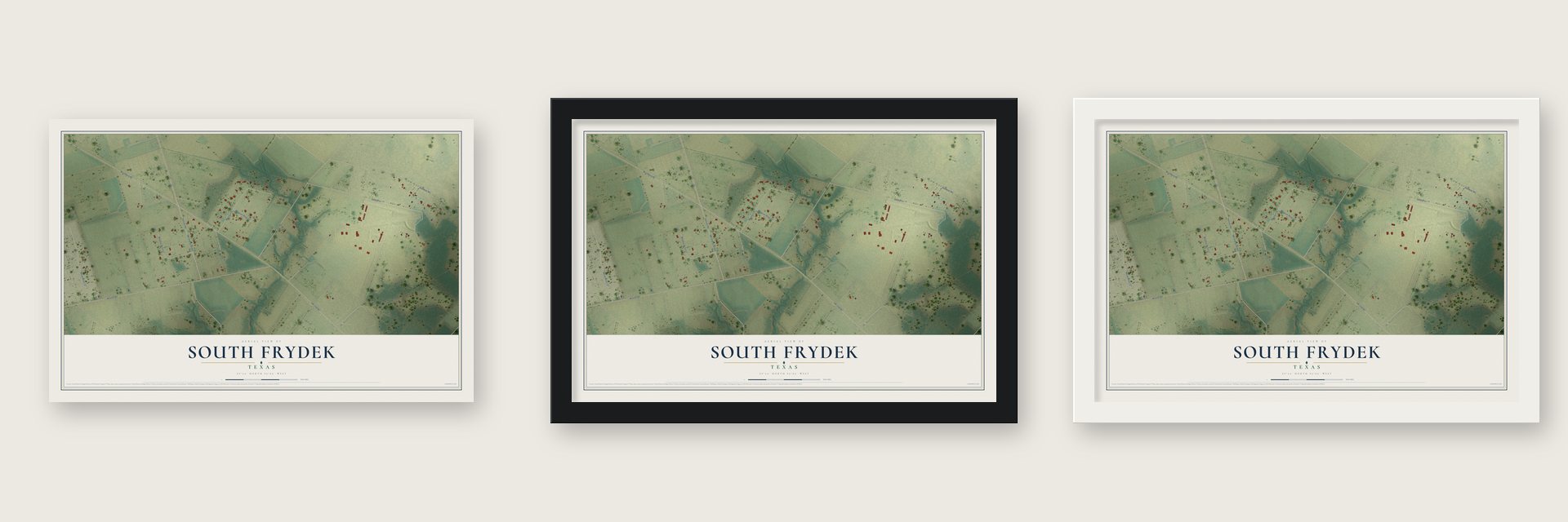 South Frydek, Texas map unframed, in a black wood frame and in a white wood frame