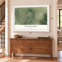 South Frydek, Texas map, 24 x 36 inch print in a white frame above a dresser by a staircase