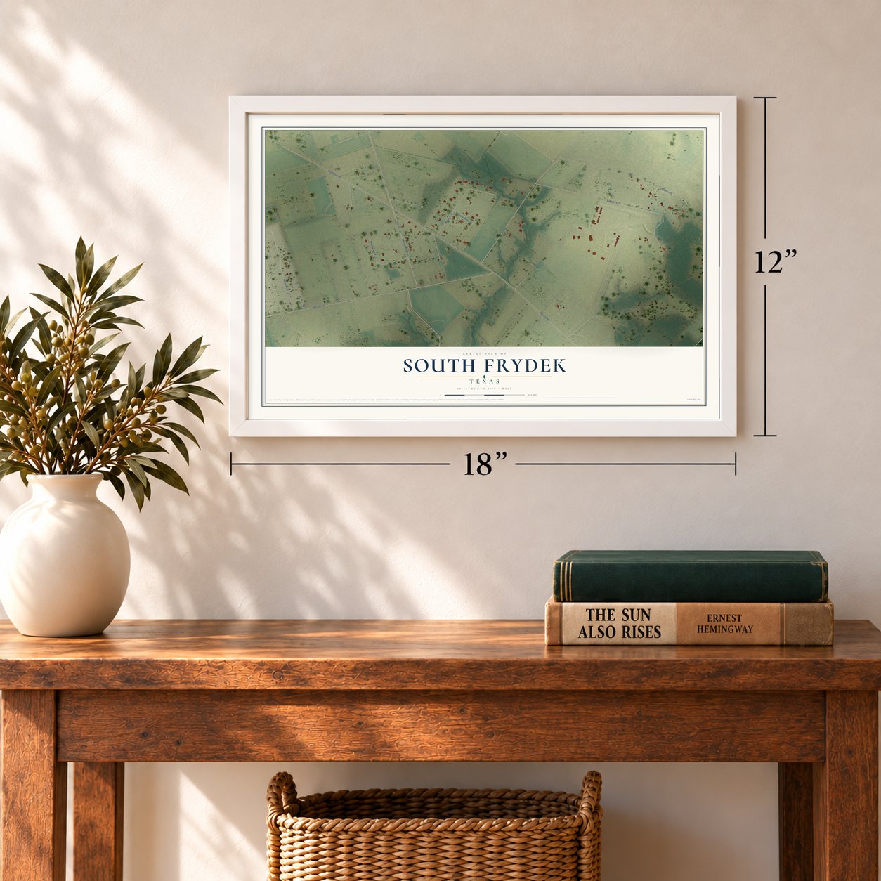 South Frydek, Texas map, 12 x 18 inch print in a white frame in an entryway