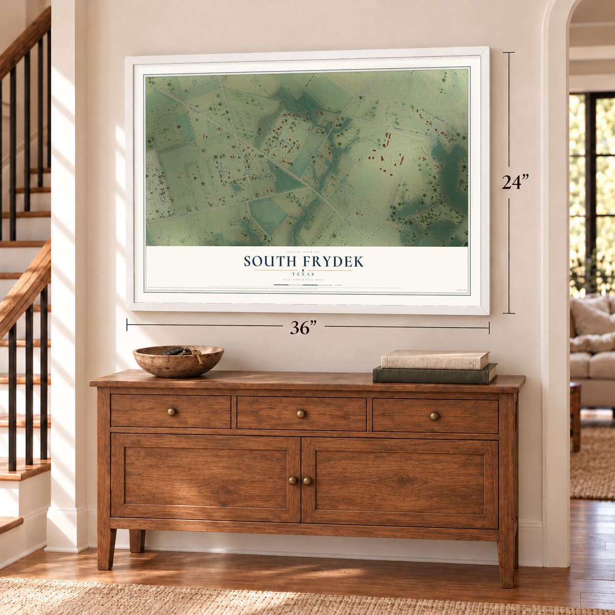 South Frydek, Texas map, 24 x 36 inch print in a white frame above a dresser by a staircase
