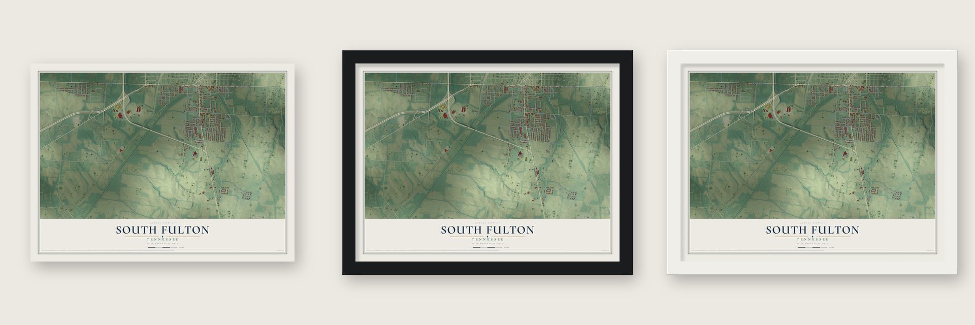South Fulton, Tennessee map unframed, in a black wood frame and in a white wood frame