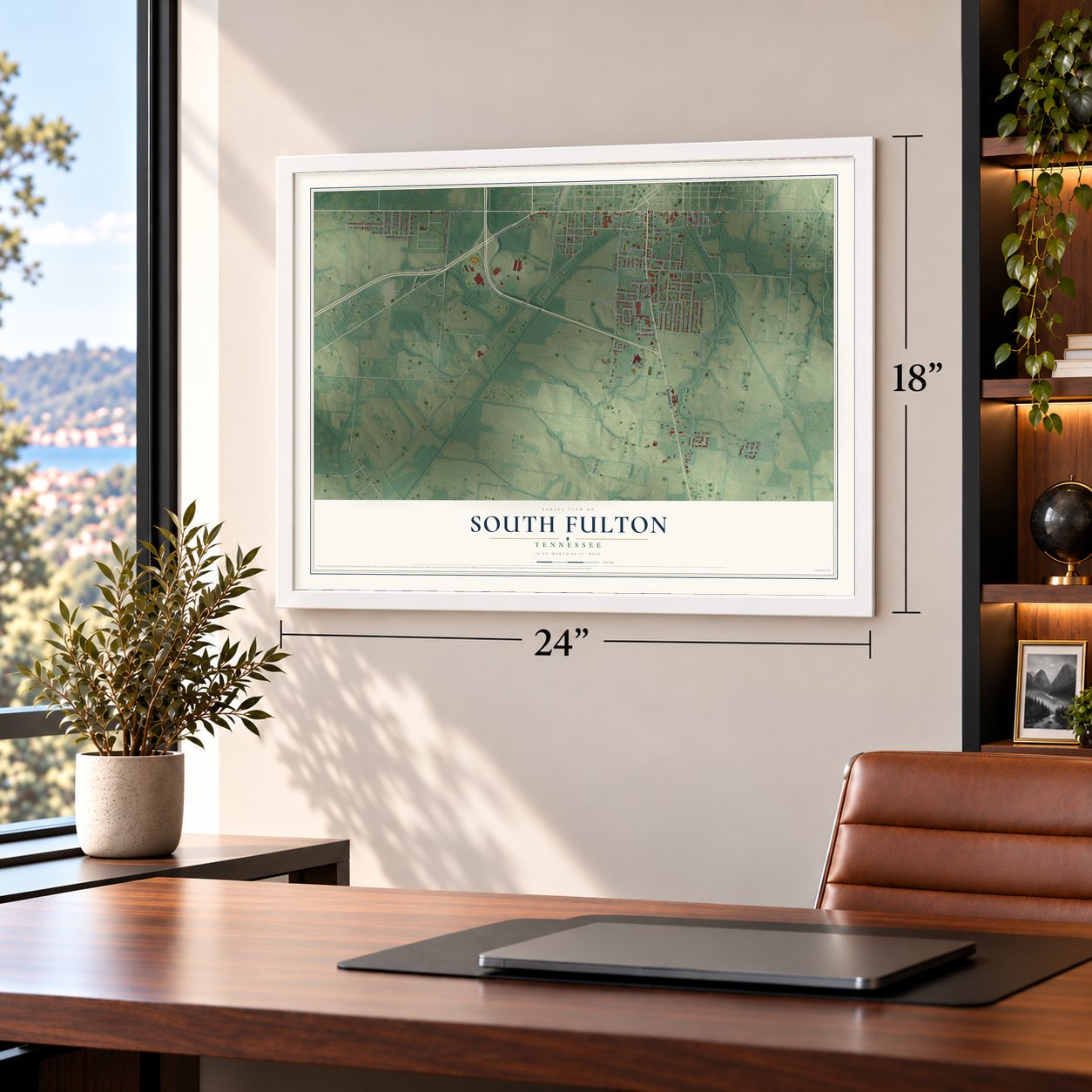 South Fulton, Tennessee map, 18 x 24 inch print in a white frame in a home office