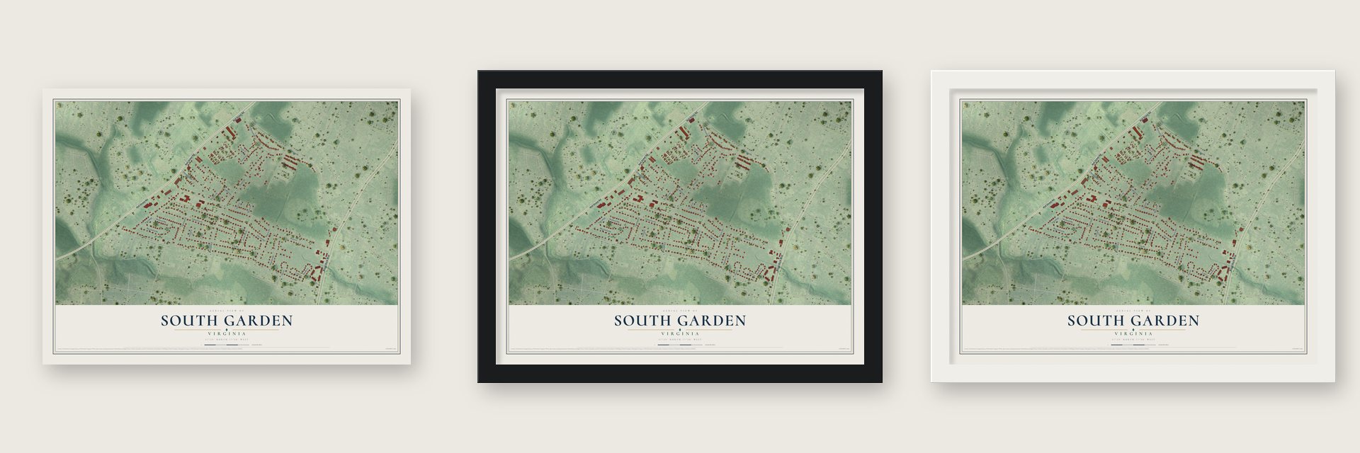 South Garden, Virginia map unframed, in a black wood frame and in a white wood frame