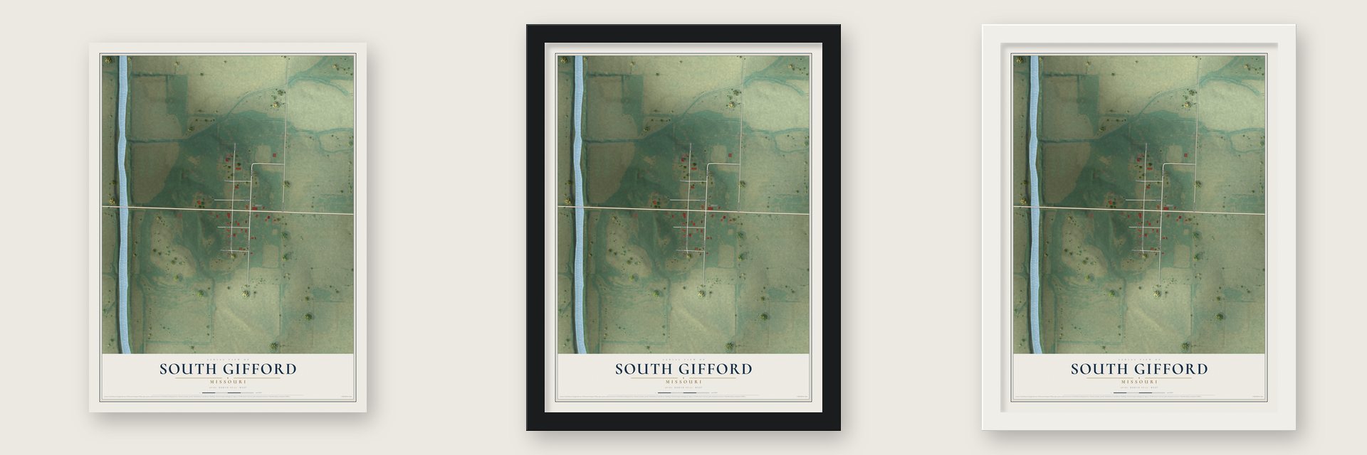 South Gifford, Missouri map unframed, in a black wood frame and in a white wood frame
