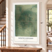 South Gifford, Missouri map, 24 x 36 inch print in a white frame by a staircase