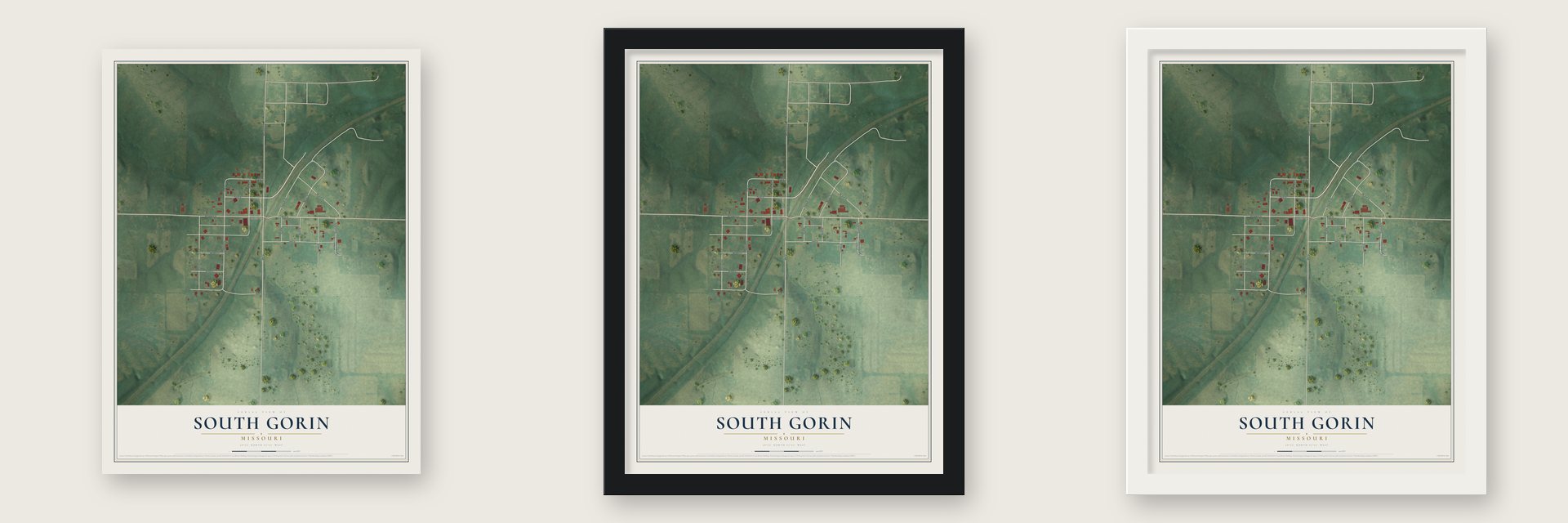 South Gorin, Missouri map unframed, in a black wood frame and in a white wood frame