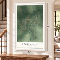 South Gorin, Missouri map, 24 x 36 inch print in a white frame by a staircase