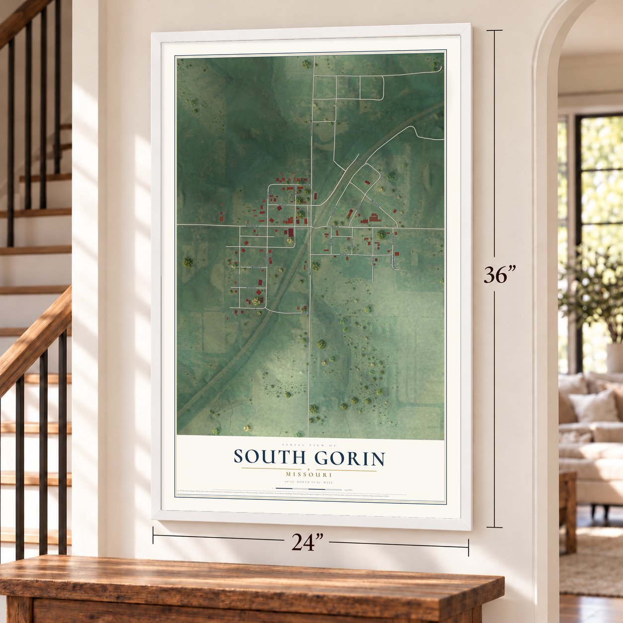 South Gorin, Missouri map, 24 x 36 inch print in a white frame by a staircase