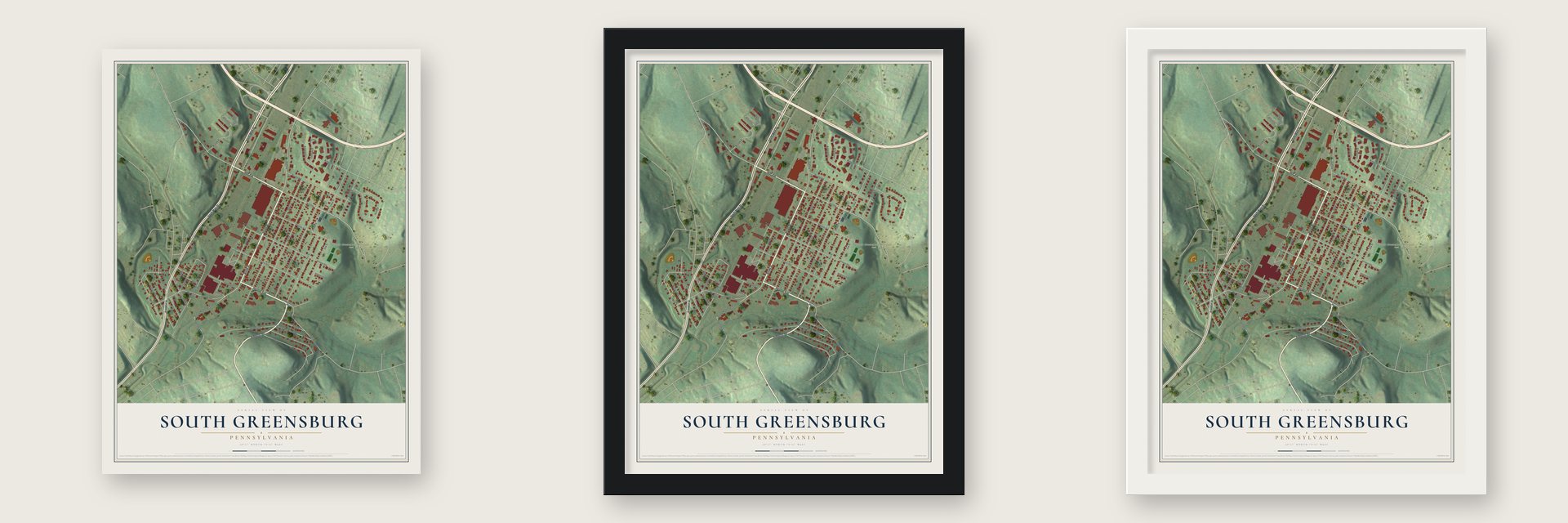 South Greensburg, Pennsylvania map unframed, in a black wood frame and in a white wood frame