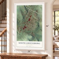 South Greensburg, Pennsylvania map, 24 x 36 inch print in a white frame by a staircase