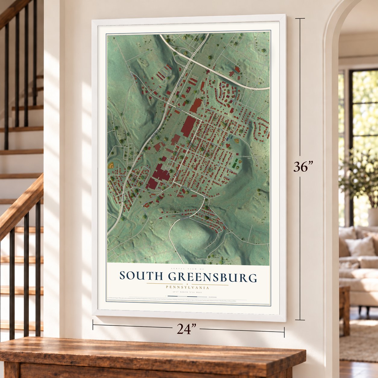 South Greensburg, Pennsylvania map, 24 x 36 inch print in a white frame by a staircase