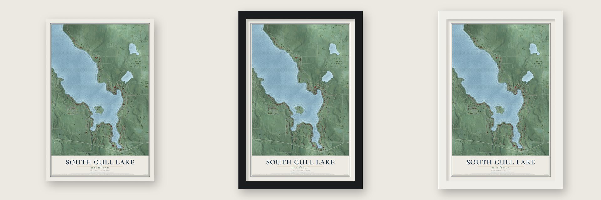South Gull Lake, Michigan map unframed, in a black wood frame and in a white wood frame