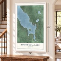 South Gull Lake, Michigan map, 24 x 36 inch print in a white frame by a staircase
