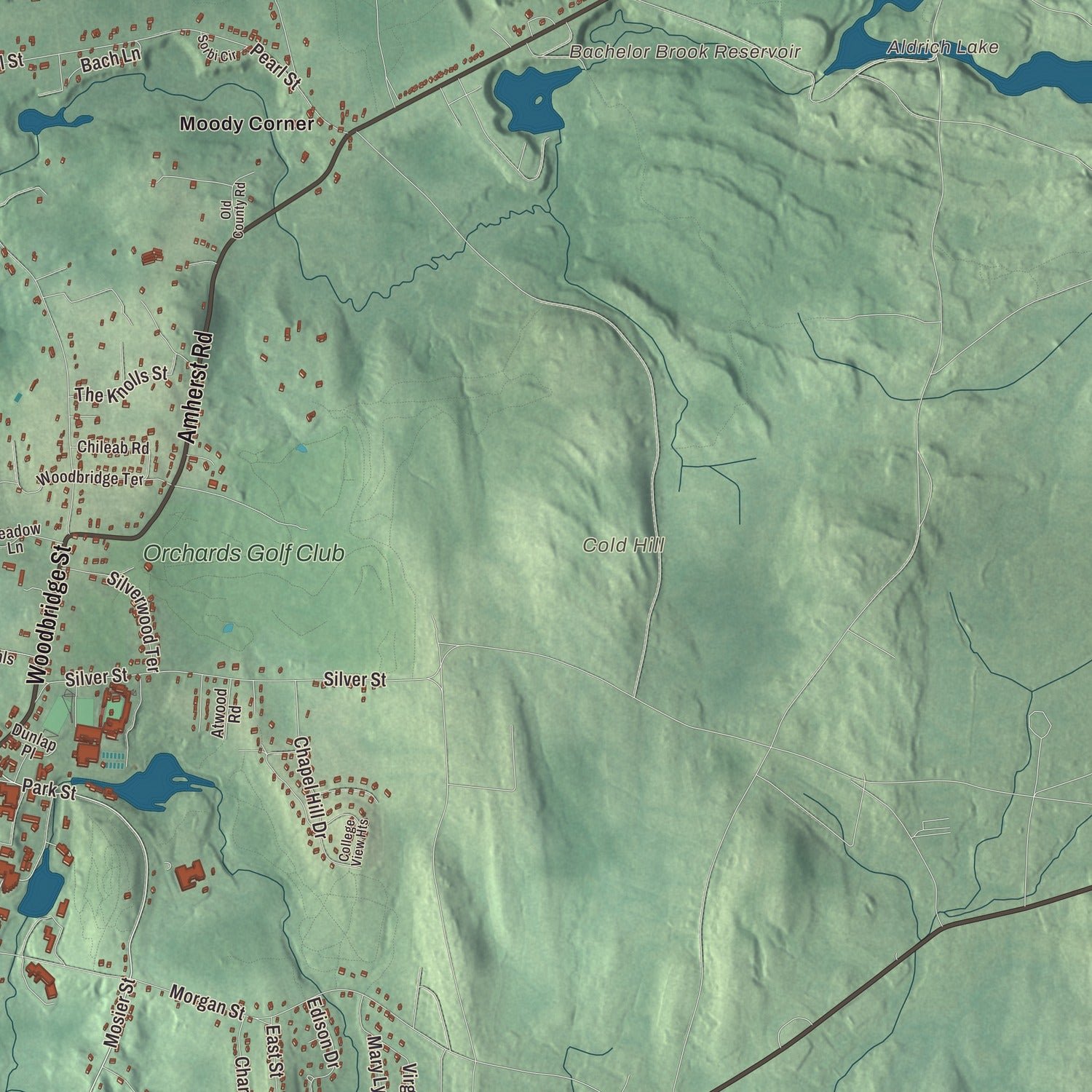 Close-up of the map of South Hadley, Massachusetts print showing terrain and local geography