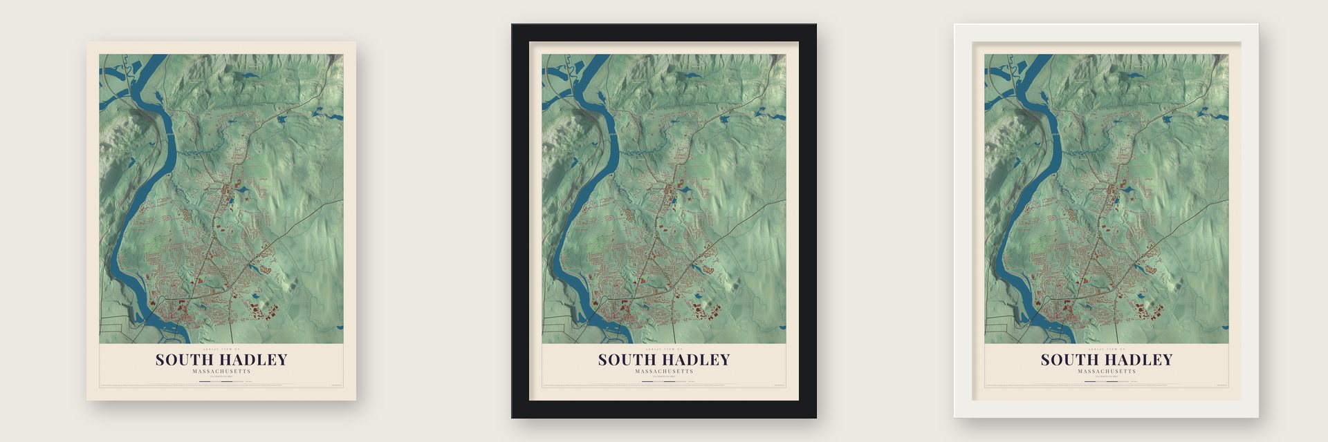South Hadley, Massachusetts map unframed, in a black wood frame and in a white wood frame