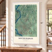 South Hadley, Massachusetts map, 24 x 36 inch print in a white frame by a staircase