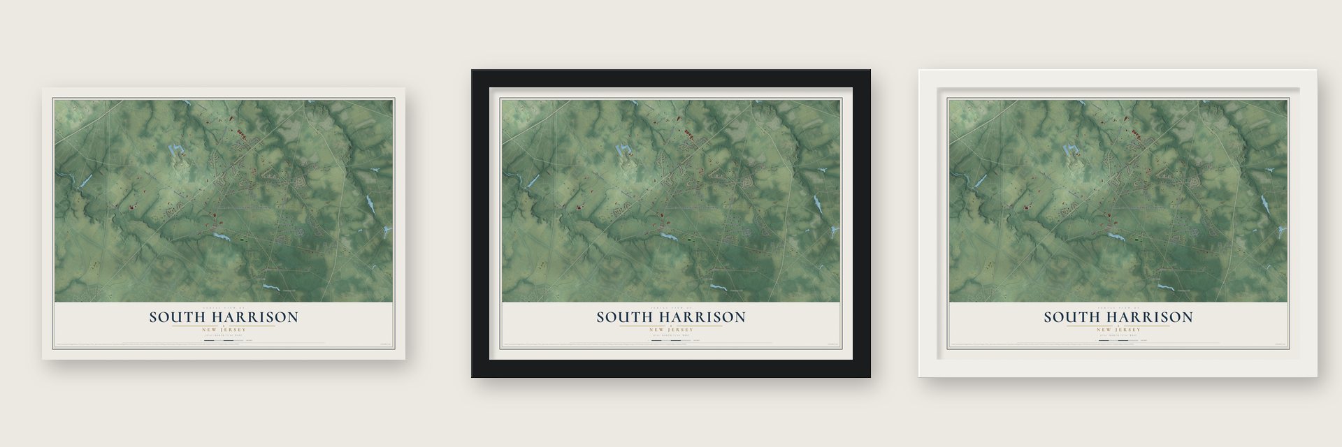South Harrison, New Jersey map unframed, in a black wood frame and in a white wood frame