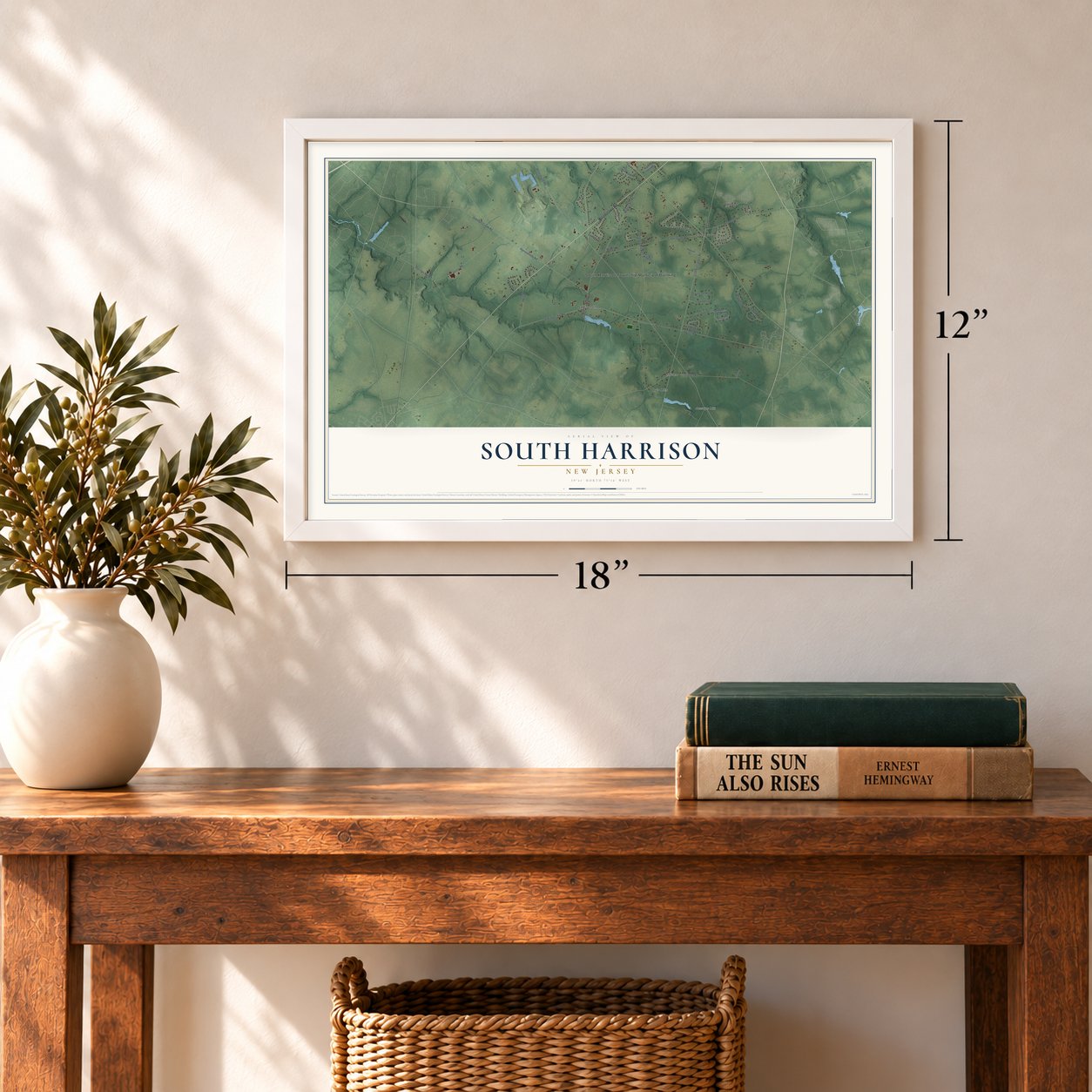 South Harrison, New Jersey map, 12 x 18 inch print in a white frame in an entryway